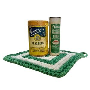 VTG Spice Containers + Crochet Hot Pad - Cook’s Flaxseed & Phenix Bouillon Cubes